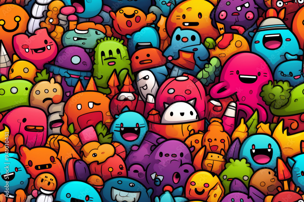 A vibrant and colorful pattern featuring a multitude of adorable cartoon creatures in various shapes and sizes. A vibrant and colorful pattern featuring a multitude of adorable cartoon creatures in various shapes and sizes.