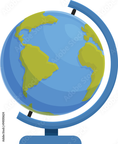 Cartoon globe is standing on a surface, showing continents and oceans