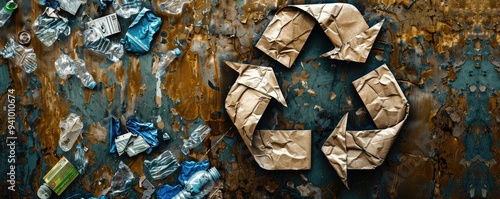 Recycling symbol made of crushed cans on colorful background photo