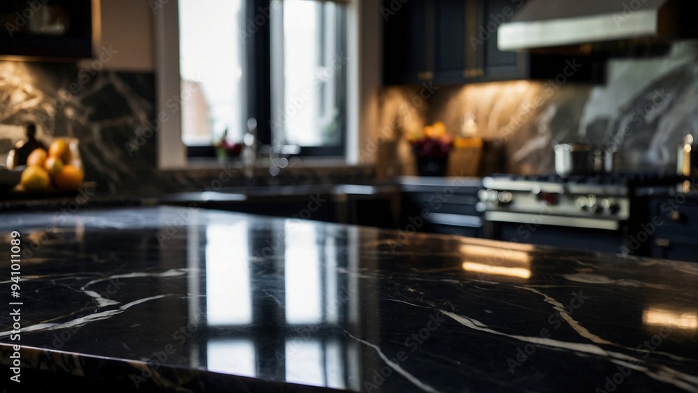 Empty black marble cooking table for mockups. Indoor exposition exhibit platform. Unoccupied marble table at the kitchen with blurred cozy room interior, perfect for luxury lifestyle presentations. Empty black marble cooking table for mockups. Indoor exposition exhibit platform. Unoccupied marble table at the kitchen with blurred cozy room interior, perfect for luxury lifestyle presentations.