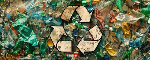 Recycling symbol made of crushed cans on colorful background photo