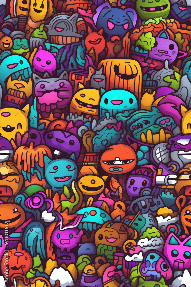 A vibrant and colorful seamless pattern featuring a diverse collection of cartoon characters. A vibrant and colorful seamless pattern featuring a diverse collection of cartoon characters.