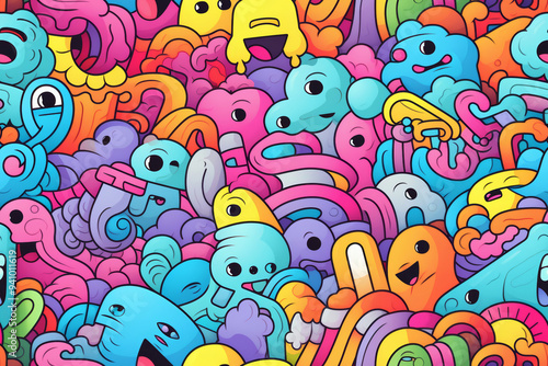 A vibrant and colorful seamless pattern featuring a multitude of playful and expressive cartoon characters in various shapes and sizes.