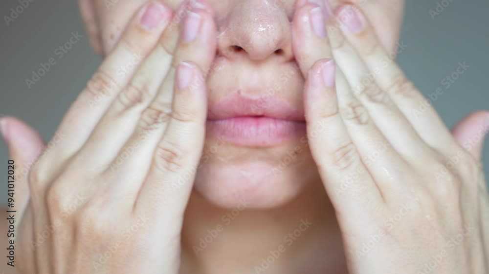 A young caucasian woman cleansing the face with a scrub rubbing it to skin on dark grey background. Skin care, facials. Washing with a scrub, peeling, getting rid of pores from black heads. Close up A young caucasian woman cleansing the face with a scrub rubbing it to skin on dark grey background. Skin care, facials. Washing with a scrub, peeling, getting rid of pores from black heads. Close up