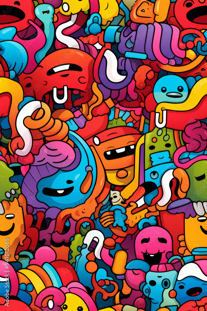 A vibrant and colorful seamless pattern with a variety of doodle characters. A vibrant and colorful seamless pattern with a variety of doodle characters.