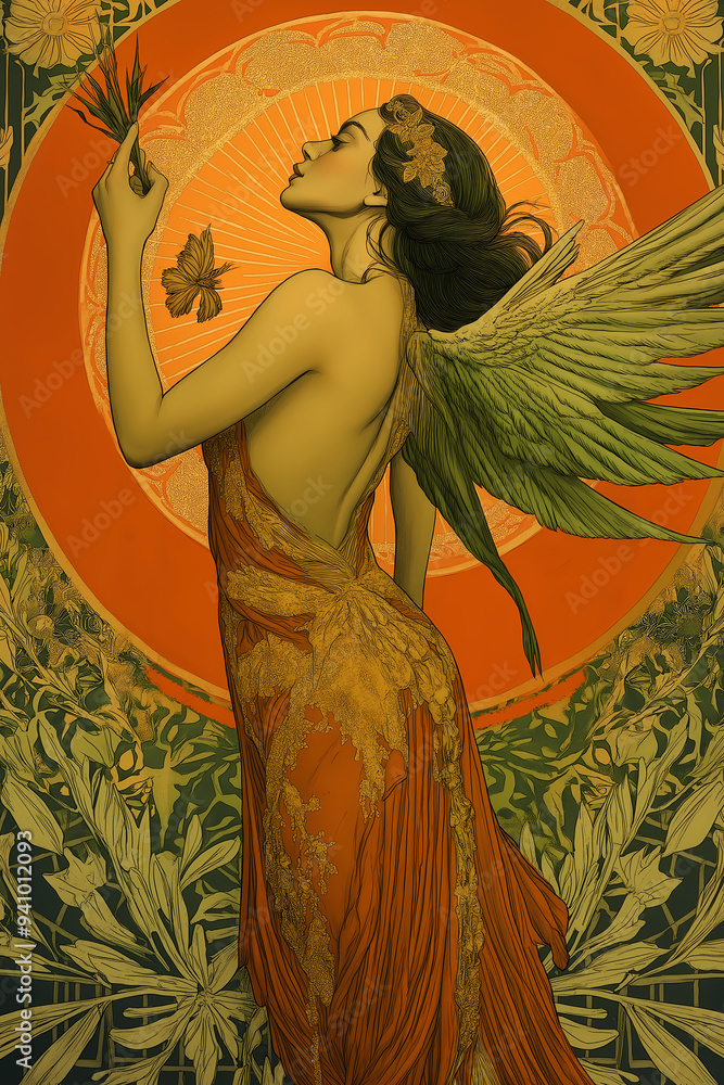 Fototapeta premium An elegant poster in a 20s and 30s nostalgic style featuring a goddess-like female elf and star, perfect for vintage wallpaper.