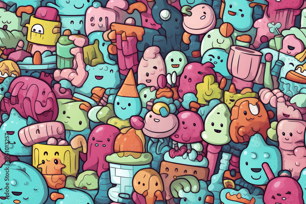 A vibrant and whimsical pattern featuring a multitude of cute, colorful, and cartoonish characters and objects. A vibrant and whimsical pattern featuring a multitude of cute, colorful, and cartoonish characters and objects.