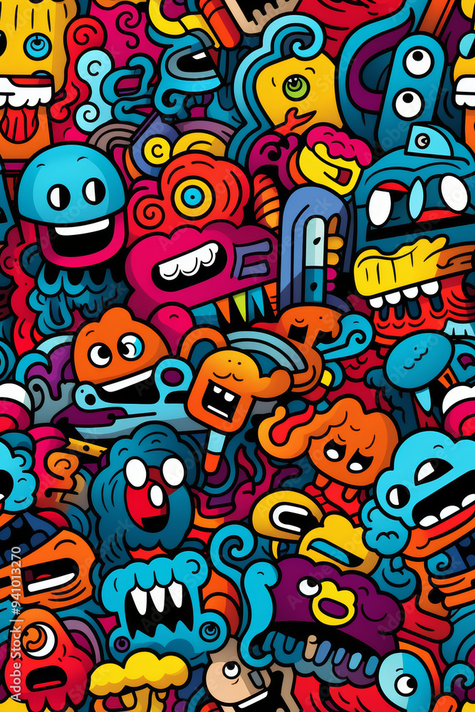 Fototapeta premium A vibrant and playful seamless pattern of colorful cartoon monsters and abstract doodle elements.