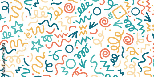 Fun Doodle sketch style of colorful shapes and lines on white background. colorful line doodle seamless pattern. Creative minimalist style art background for children or trendy design with basic shape