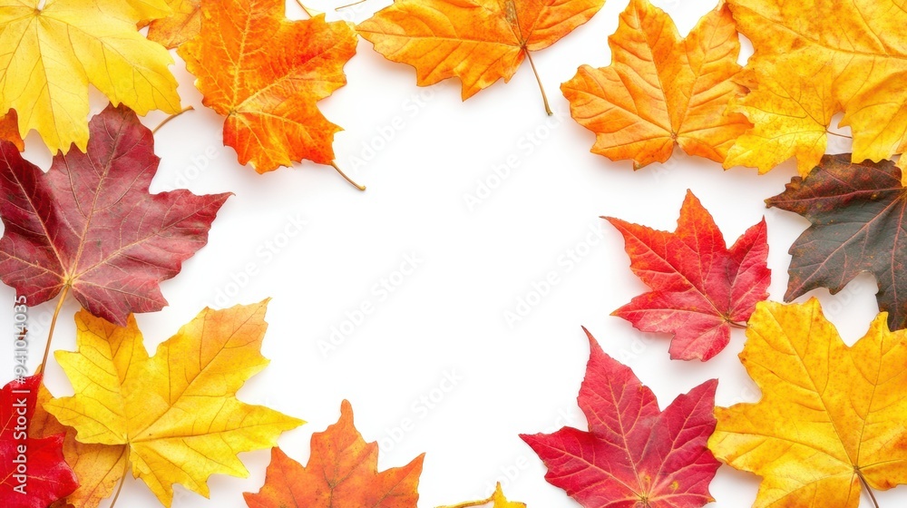 A circle of colorful autumn leaves arranged in a wreath, AI