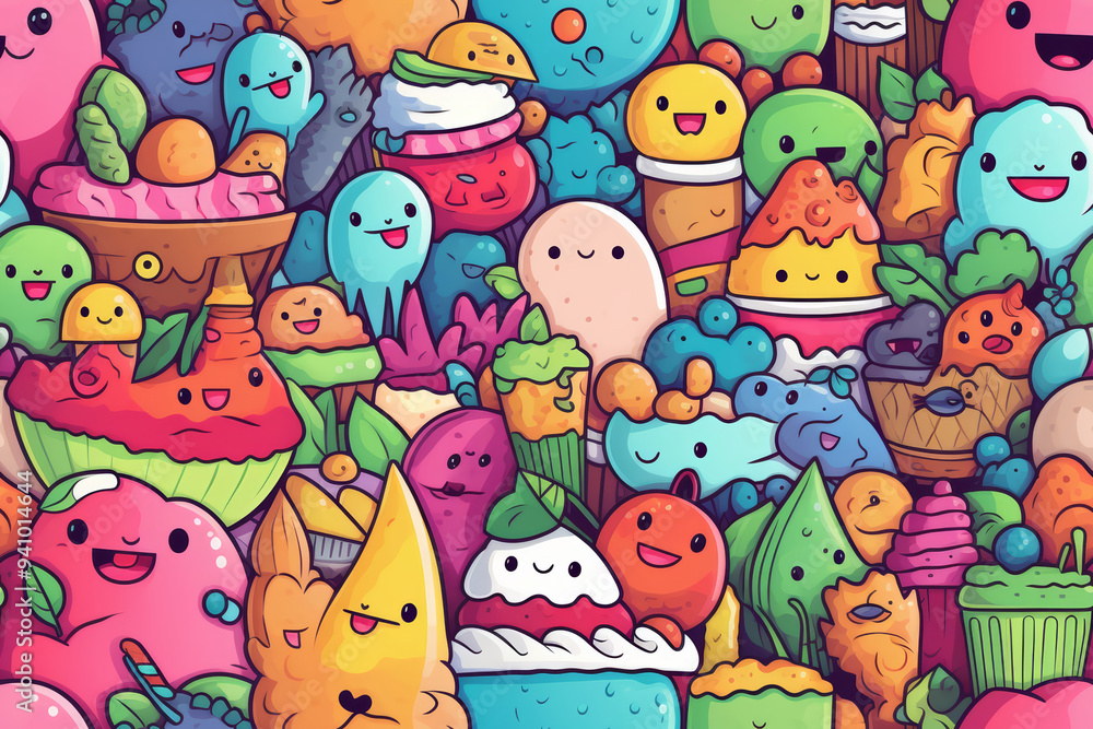 A vibrant, colorful, and playful doodle pattern featuring a variety of cute and happy characters, fruits, and desserts. A vibrant, colorful, and playful doodle pattern featuring a variety of cute and happy characters, fruits, and desserts.