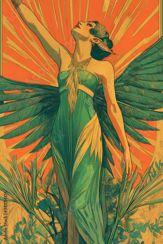 An elegant poster in a 20s and 30s nostalgic style featuring a goddess-like female elf and star, perfect for vintage wallpaper.