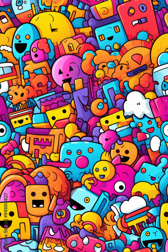 A vibrant, colorful, and chaotic pattern of various cartoon characters and abstract shapes. A vibrant, colorful, and chaotic pattern of various cartoon characters and abstract shapes.