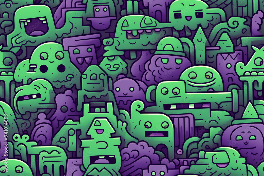 A vibrant, colorful, and whimsical pattern featuring a multitude of abstract, green and purple, cartoon-like creatures with playful expressions. A vibrant, colorful, and whimsical pattern featuring a multitude of abstract, green and purple, cartoon-like creatures with playful expressions.