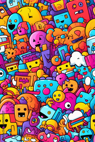 A vibrant, colorful, and chaotic pattern of various cartoon characters and abstract shapes.