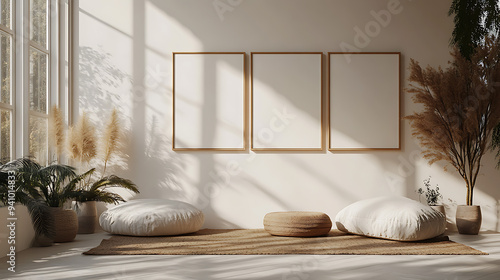 Set of 3 posters mock up, blank minimalistic background, artwork template.