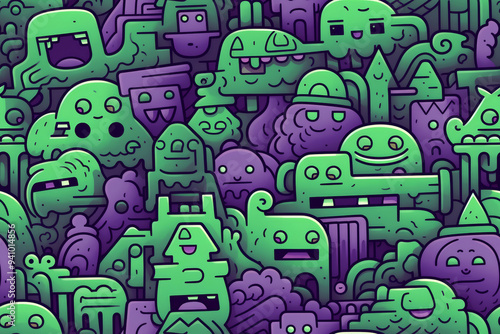 A vibrant, colorful, and whimsical pattern featuring a multitude of abstract, green and purple, cartoon-like creatures with playful expressions.