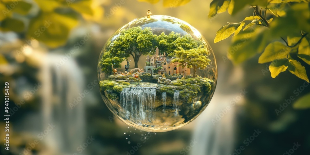 A miniature forest scene encased in a glass orb. A miniature forest scene encased in a glass orb.