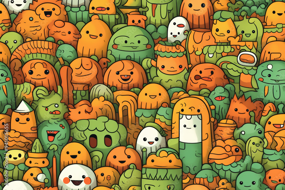 Fototapeta premium A whimsical and colorful pattern featuring a dense crowd of cartoon creatures with various shapes, sizes, and expressions.