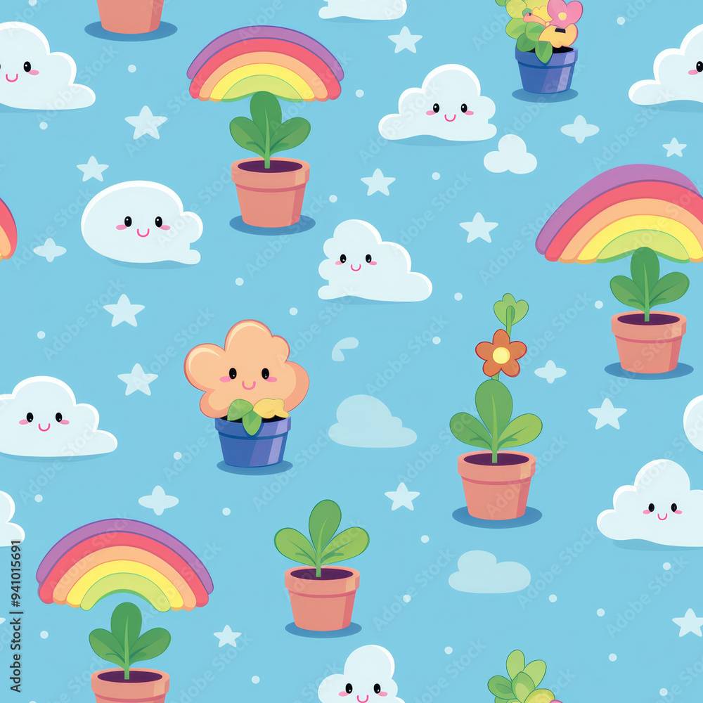 Fototapeta premium A whimsical seamless pattern featuring cute clouds, rainbows, potted plants, and stars on a blue background.