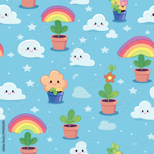 A whimsical seamless pattern featuring cute clouds, rainbows, potted plants, and stars on a blue background.