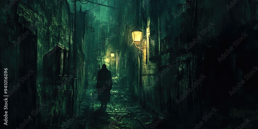 Dark, gloomy alley with a lone figure walking. Dark, gloomy alley with a lone figure walking.