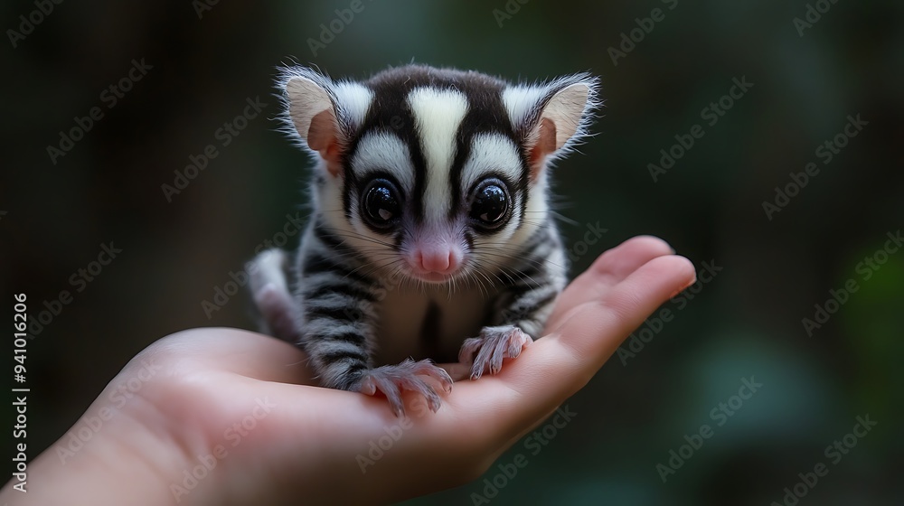 A tiny sugar glider with black and white stripes sits on a human hand. A tiny sugar glider with black and white stripes sits on a human hand.