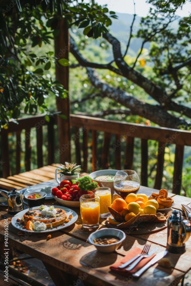 Relaxing breakfast on a wooden patio surrounded by nature, featuring fresh fruits, juices, and waffles in the morning sunlight Relaxing breakfast on a wooden patio surrounded by nature, featuring fresh fruits, juices, and waffles in the morning sunlight