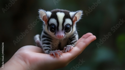 A tiny sugar glider with black and white stripes sits on a human hand.