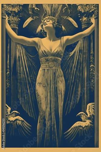 An elegant poster in a 20s and 30s nostalgic style featuring a goddess-like female elf and star, perfect for vintage wallpaper.