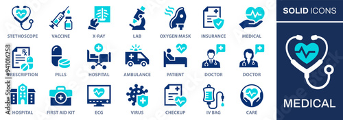 Medical icon set. Collection of vaccine, stethoscope, x-ray, oxygen mask, and more. Vector illustration. Easily changes to any color.