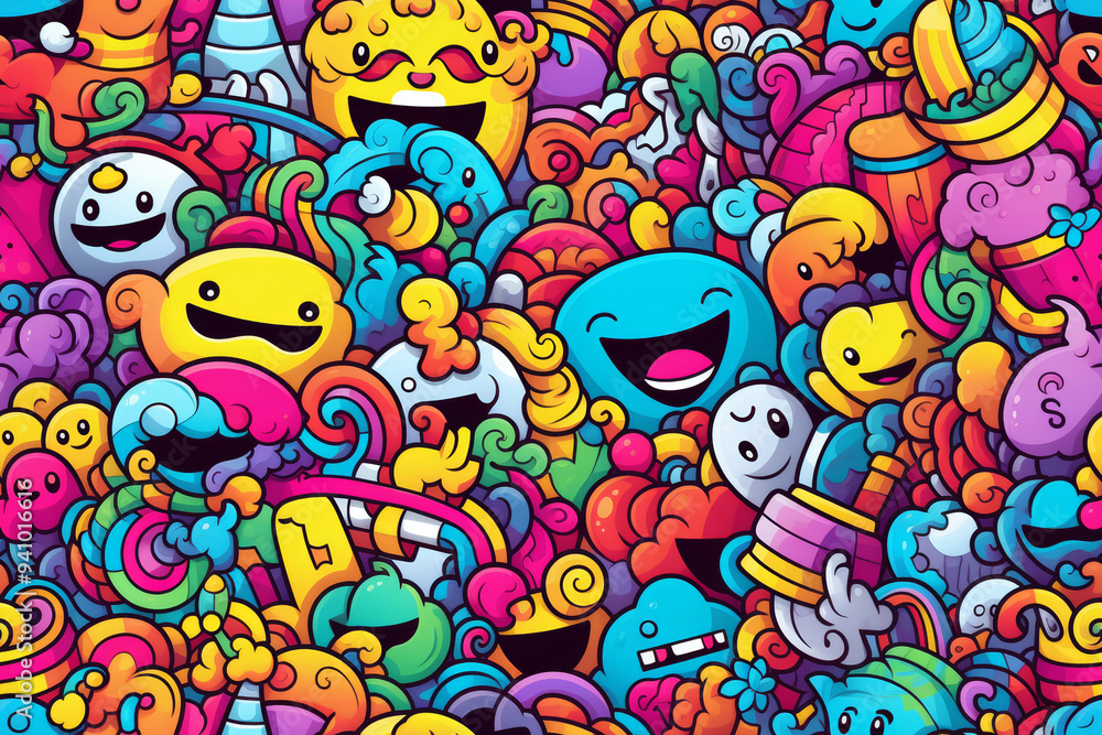 Colorful and cheerful doodle pattern with smiling faces and abstract shapes. Colorful and cheerful doodle pattern with smiling faces and abstract shapes.
