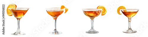 Four elegant cocktails served in classic glasses, garnished with orange slices for a refreshing drink experience. photo