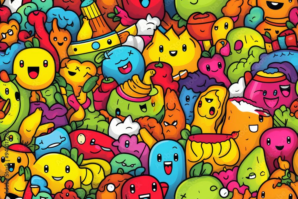 Colorful cartoon characters with various expressions and shapes. Colorful cartoon characters with various expressions and shapes.