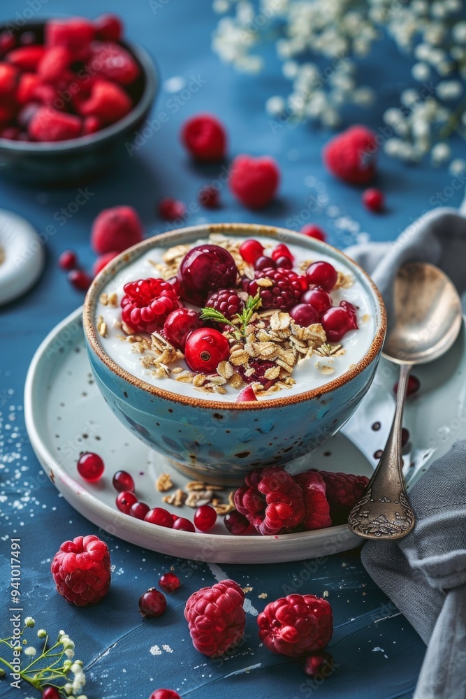 Delicious yogurt bowl with granola, fresh berries, and nuts on a vibrant blue tabletop adorned with scattered fruits Delicious yogurt bowl with granola, fresh berries, and nuts on a vibrant blue tabletop adorned with scattered fruits