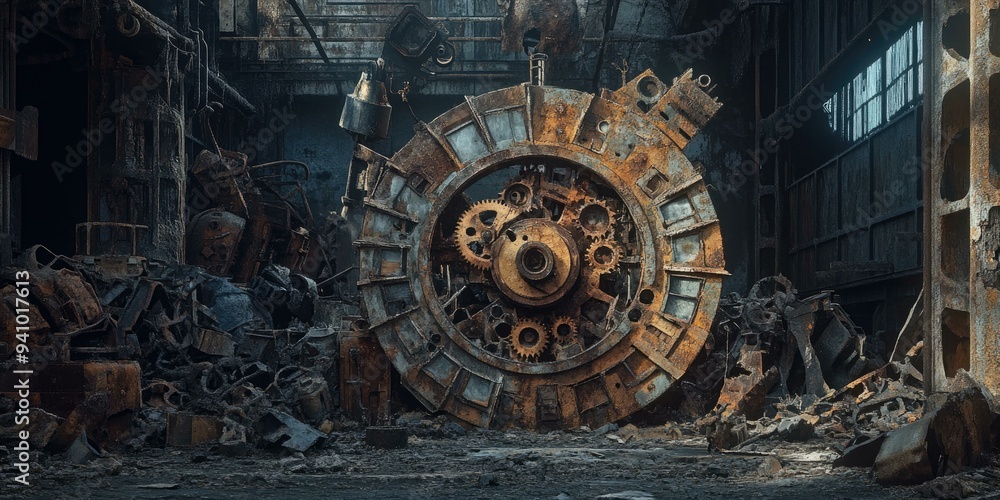 Obraz premium Rusty metal gears and machinery in a burnt factory.