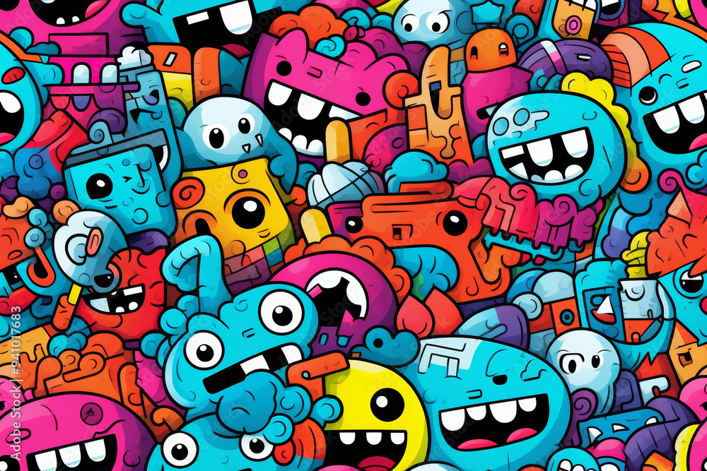 Fototapeta premium Colorful cartoon doodle seamless pattern with funny monsters, aliens, creatures, and characters on a white background.