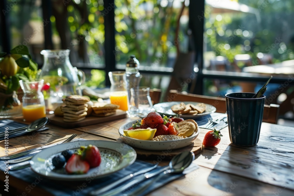 A sunny breakfast table set with pancakes, fresh fruit, juice, and coffee in a cozy garden setting during a warm summer morning A sunny breakfast table set with pancakes, fresh fruit, juice, and coffee in a cozy garden setting during a warm summer morning