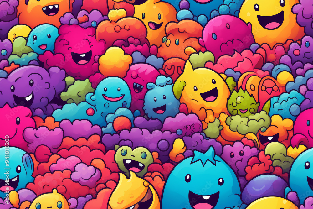 Colorful doodle pattern of cute cartoon characters with happy faces. Colorful doodle pattern of cute cartoon characters with happy faces.