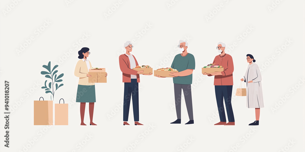 Fototapeta premium Volunteers holding donation boxes with food for charity. Copy space, banner