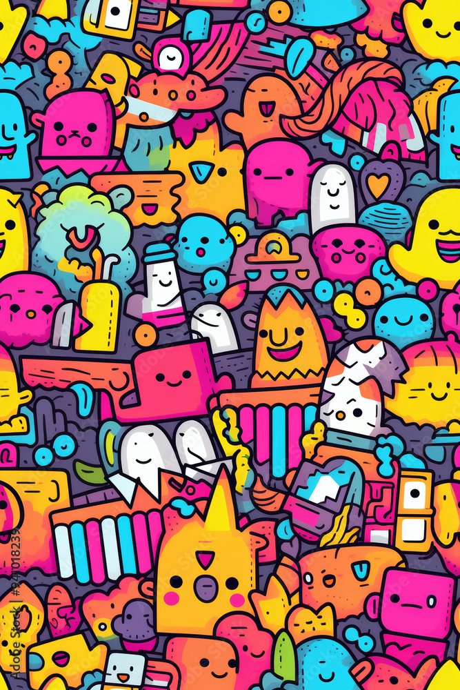 Obraz premium Colorful doodle pattern with cute and fun characters, shapes, and objects on a dark purple background.