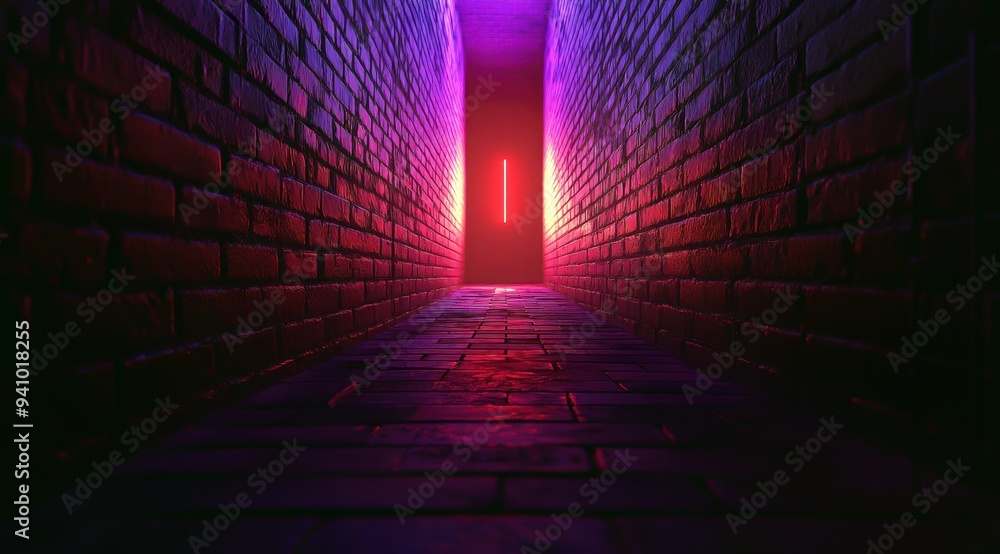 Une ruelle en briques, avec lumière au fond de la rue, créant une scène cinématique. L'éclairage est une combinaison de violet et d'orange, ajoutant de la perspective et de la profondeur à l'image. Une ruelle en briques, avec lumière au fond de la rue, créant une scène cinématique. L'éclairage est une combinaison de violet et d'orange, ajoutant de la perspective et de la profondeur à l'image.
