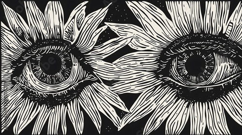 Eyes in Sunflowers, Black and White Illustration
