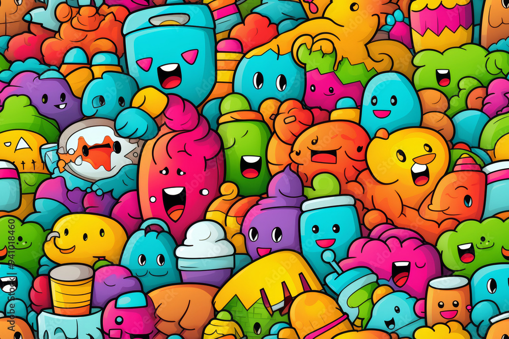 Colorful doodle pattern with cute cartoon characters. Colorful doodle pattern with cute cartoon characters.