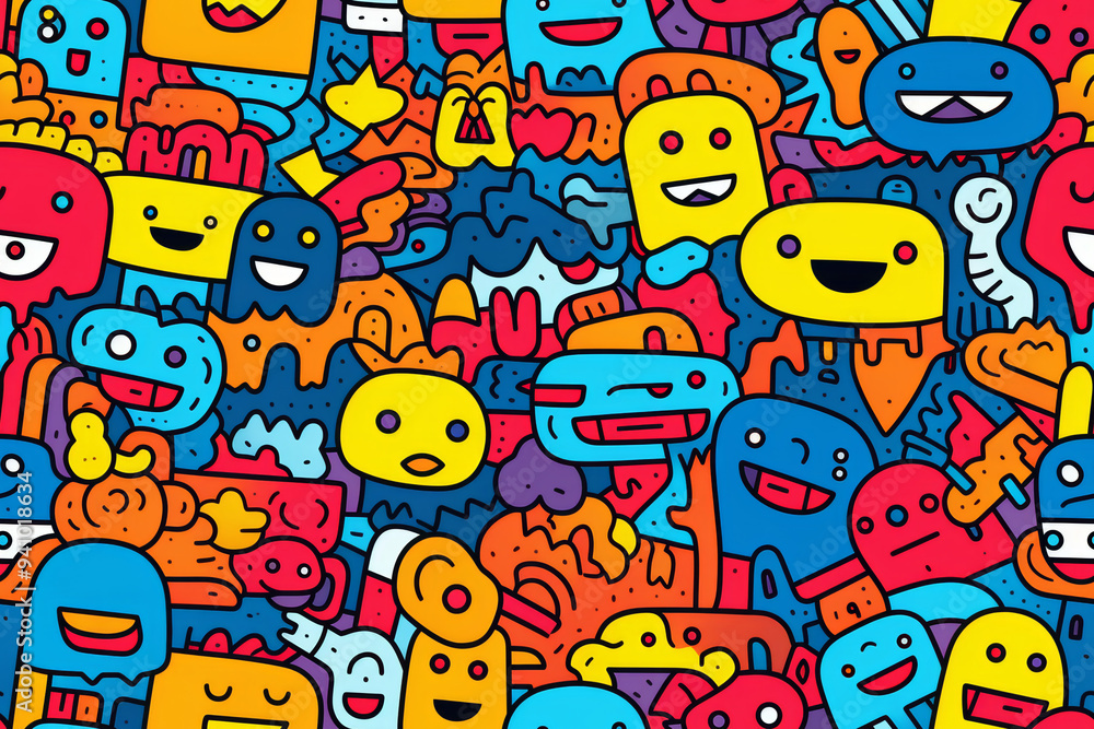 Fototapeta premium Colorful doodle pattern with cute monsters, eyes, smiles and abstract shapes.