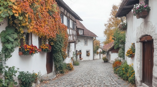 Fototapeta Naklejka Na Ścianę i Meble -  A small historic town with cobblestone streets and autumn decorations, perfect for an old-world autumn journey