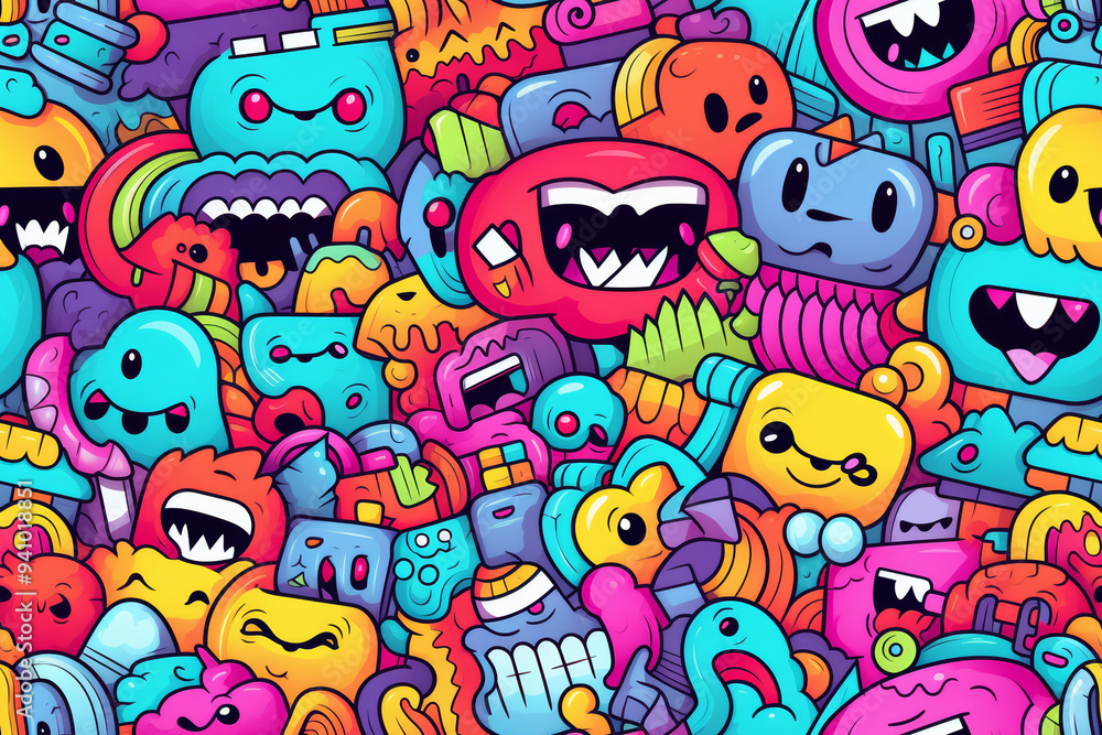 Colorful doodle pattern with cute cartoon monsters, aliens, and other funny creatures. Colorful doodle pattern with cute cartoon monsters, aliens, and other funny creatures.