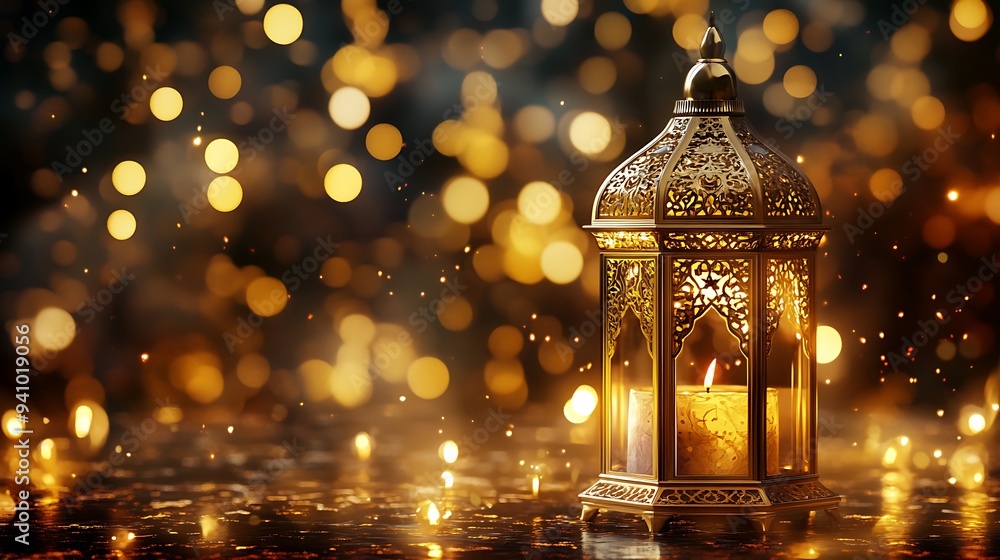 A traditional ornate golden lantern with a burning candle inside, set against a warm, blurred background of sparkling lights, perfect for Ramadan or Eid celebrations. A traditional ornate golden lantern with a burning candle inside, set against a warm, blurred background of sparkling lights, perfect for Ramadan or Eid celebrations.
