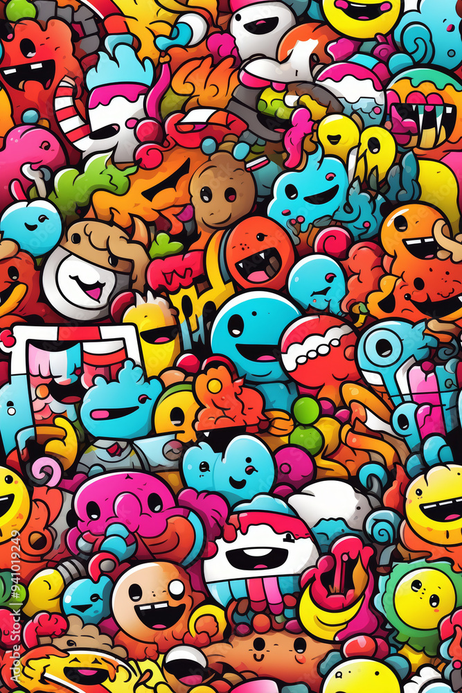 Obraz premium Colorful doodle pattern with happy faces, animals, and food.
