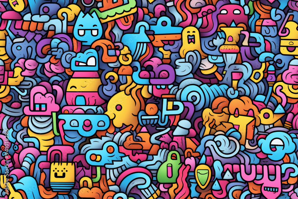 Colorful doodle pattern with various abstract shapes, funny characters, and geometric elements. Colorful doodle pattern with various abstract shapes, funny characters, and geometric elements.
